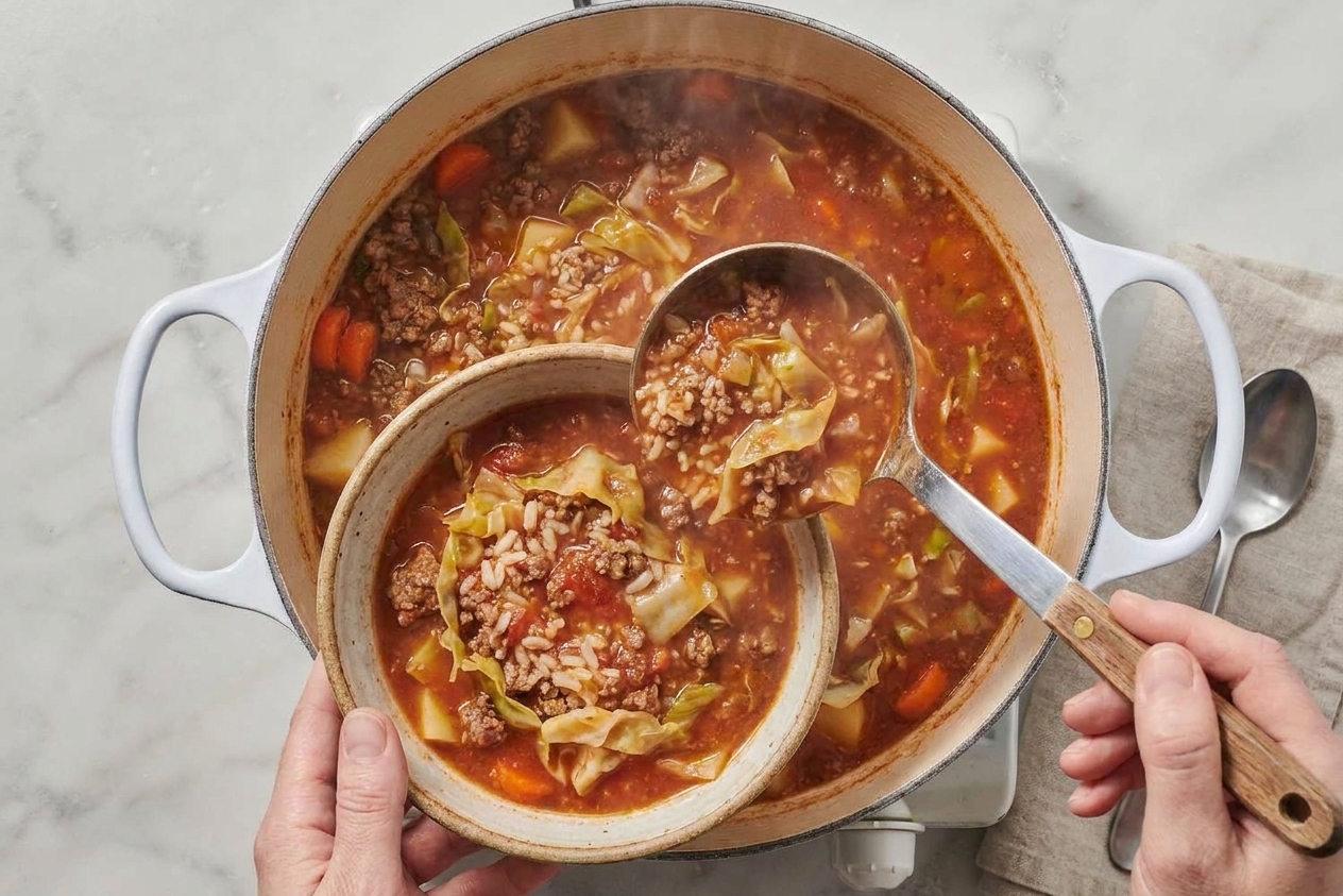 A ladle pouring stuffed cabbage soup into a bowl on a kitchen counter, showing beef, rice, and tender cabbage in tomato broth