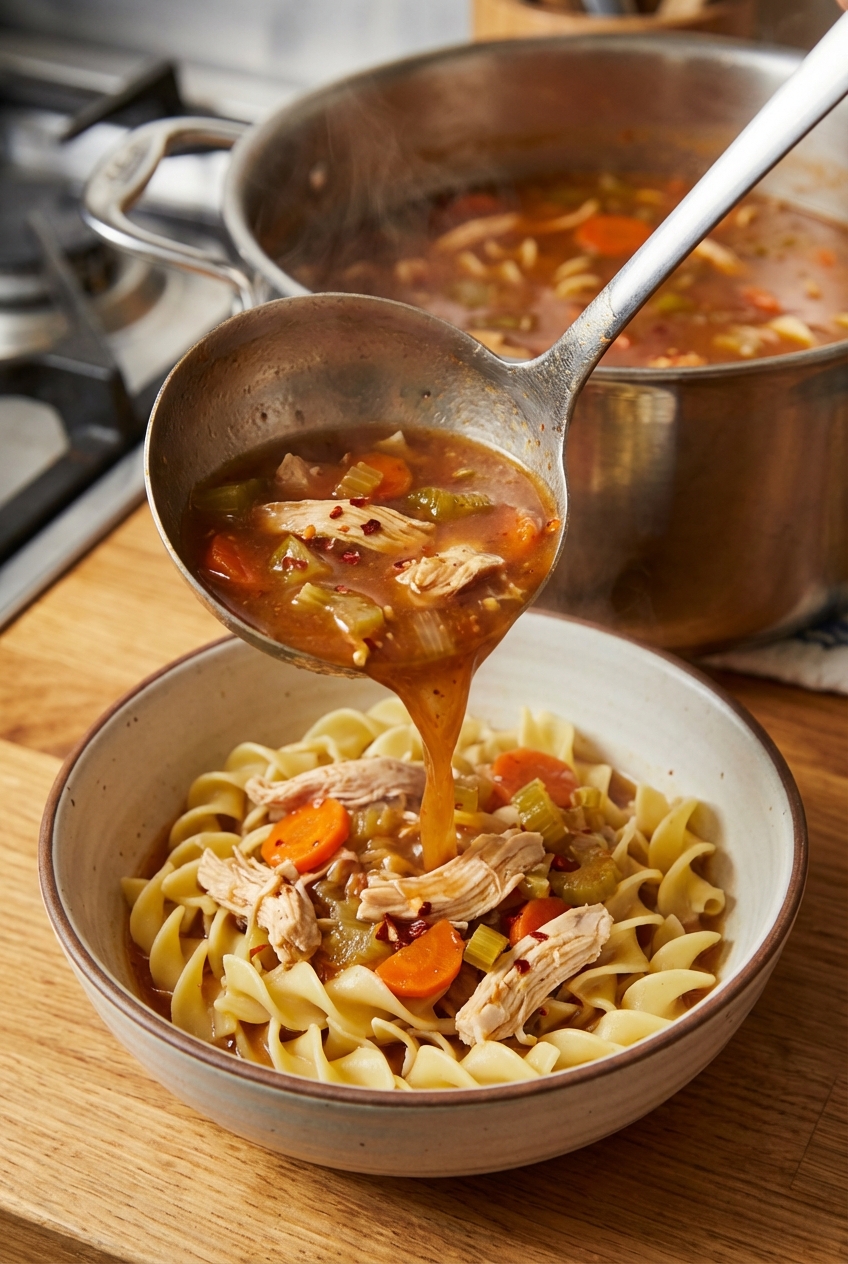 A ladle pouring sweet and spicy chicken noodle soup into a bowl with noodles and shredded chicken