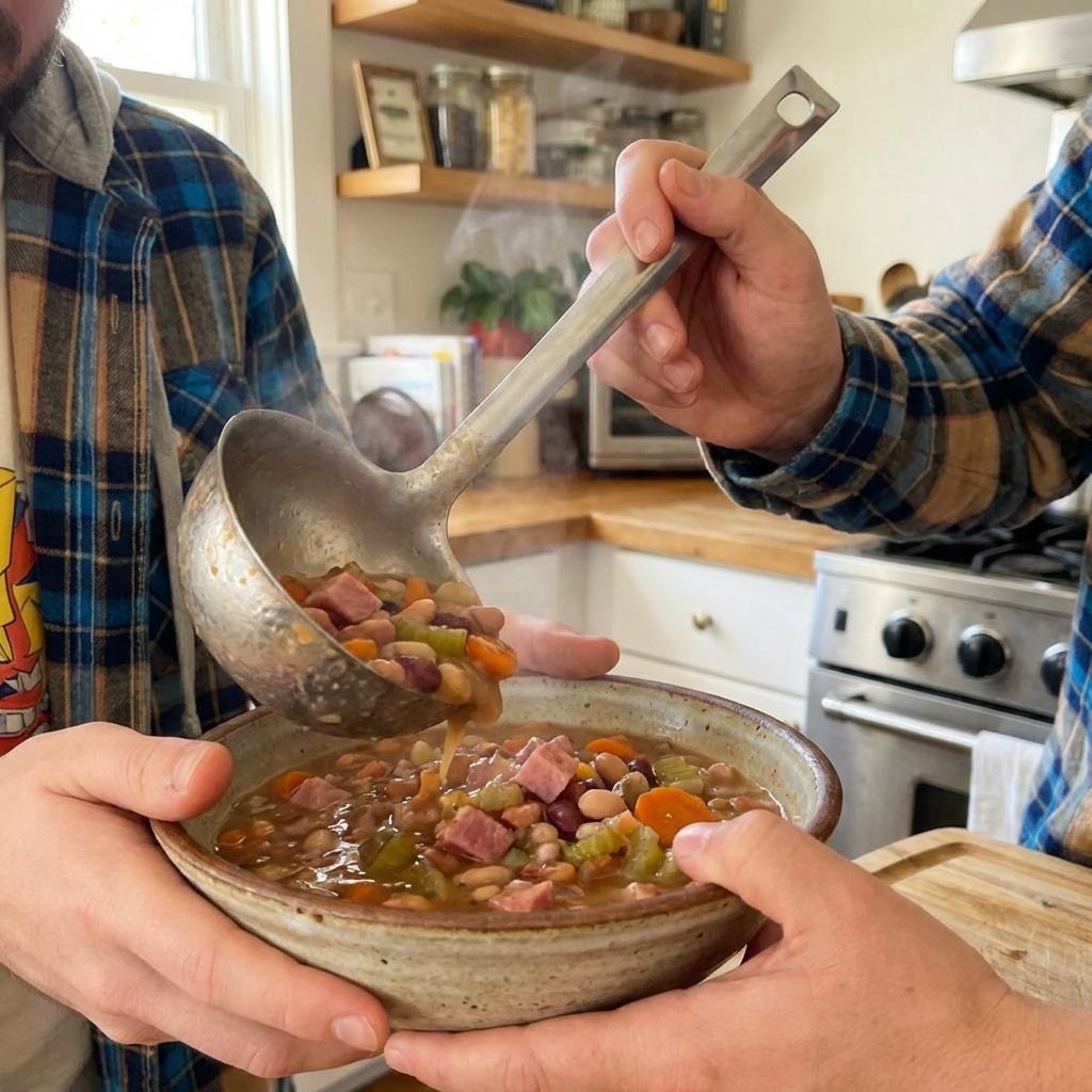 A ladle pouring thick 15 bean soup into a bowl with visible beans, ham, and vegetables
