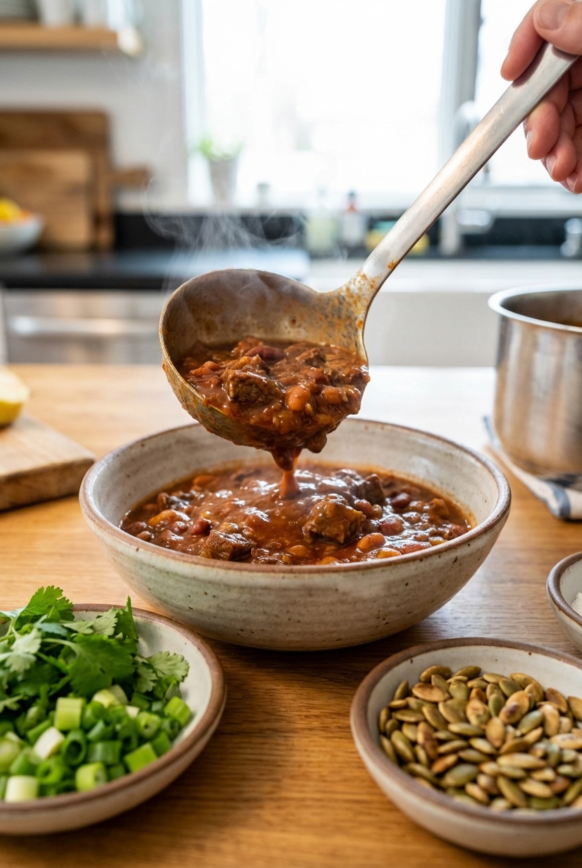 A ladle pouring thick beef chili into a bowl with herbs and pepitas nearby