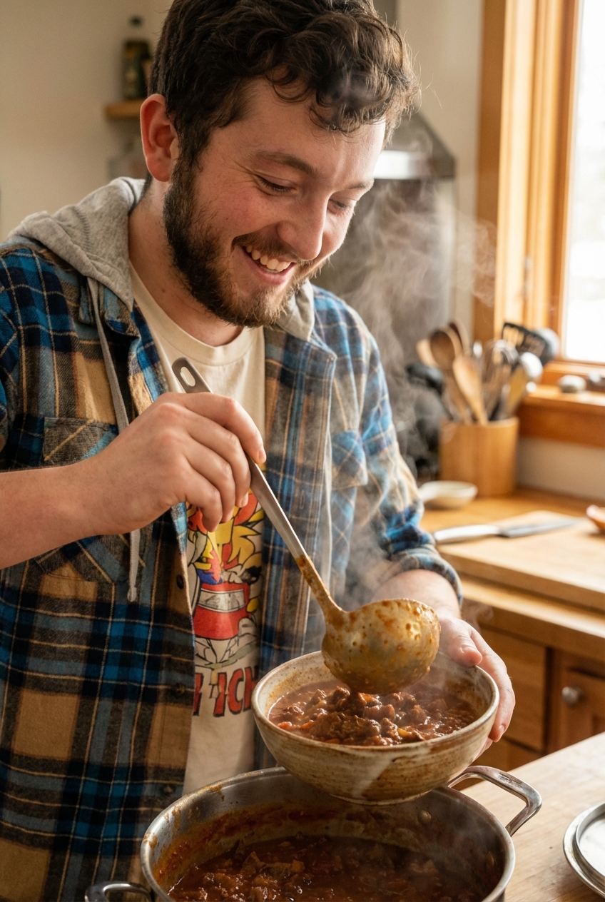 A ladle pouring thick beef chili into a bowl with steam rising