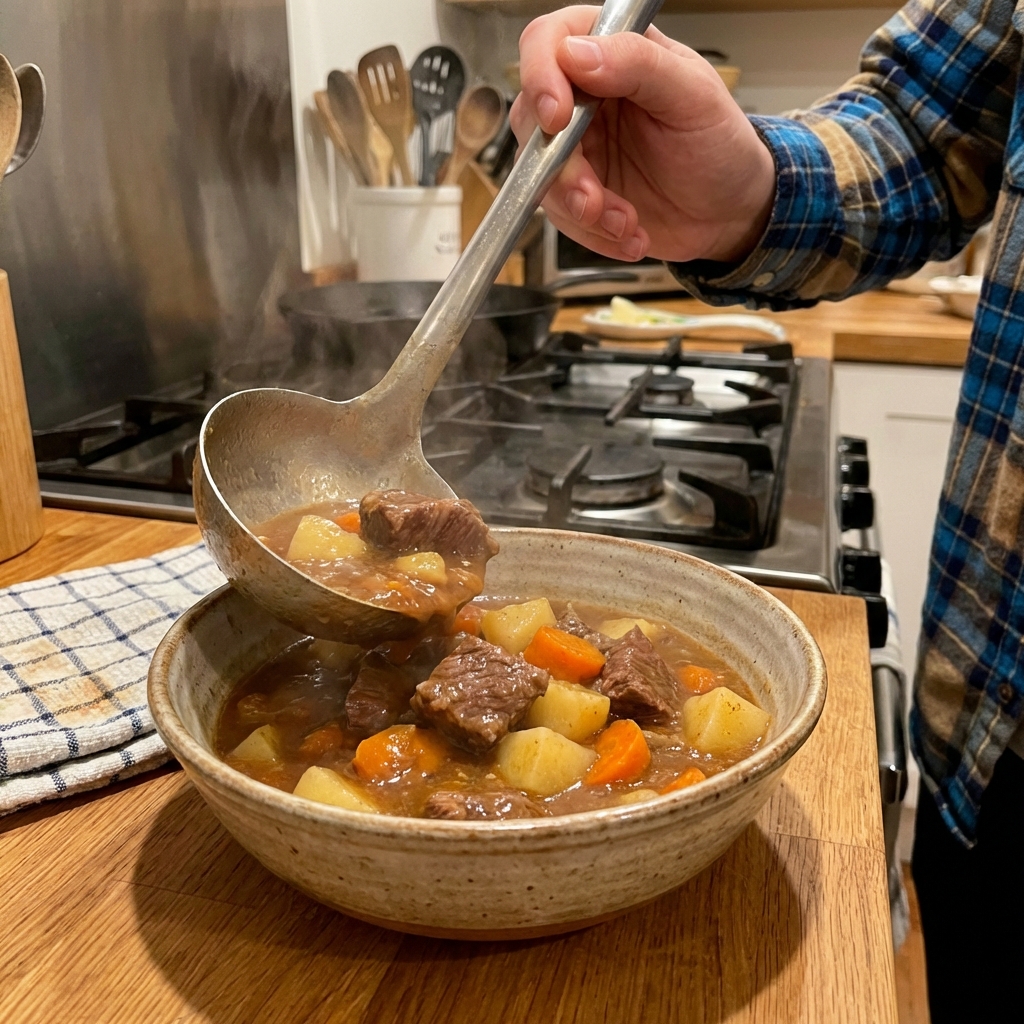A ladle pouring thick beef stew into a bowl with visible potatoes and carrots