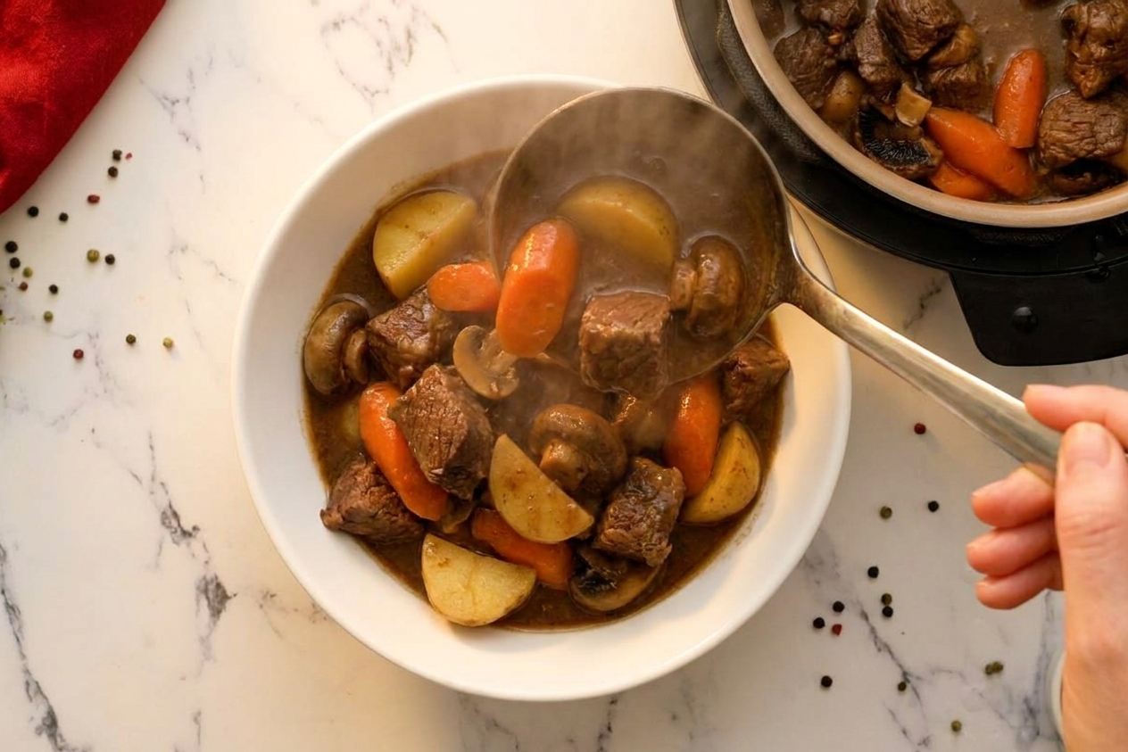 A ladle pouring thick beef stew into a bowl with visible chunks of beef, carrots, and potatoes, steam rising in warm kitchen light