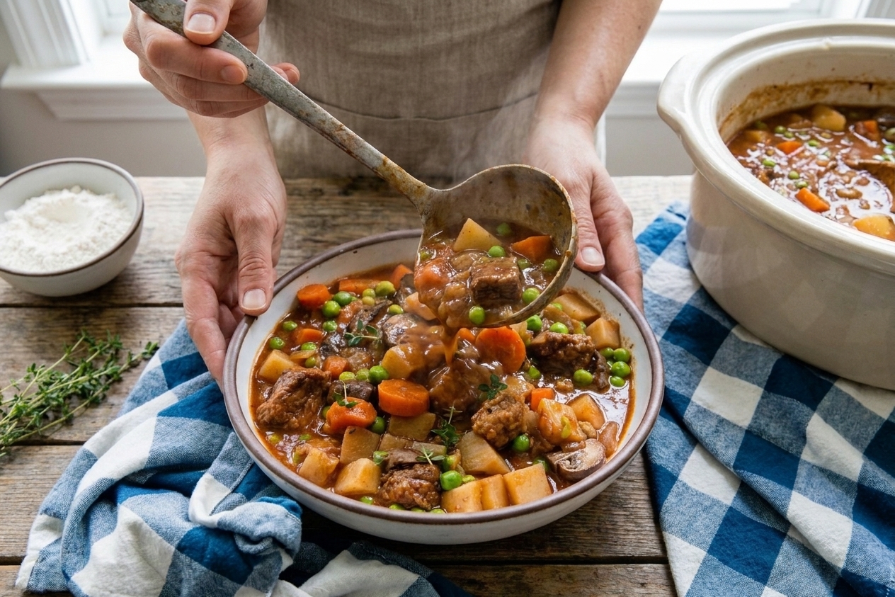 A ladle pouring thick beef stew into a ceramic bowl on a wooden table with a simple linen napkin