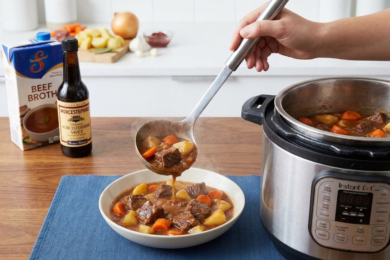 A ladle pouring thick beef stew with carrots and potatoes into a shallow bowl on a kitchen table