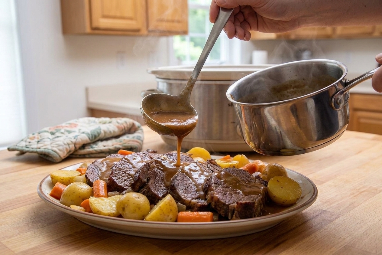 A ladle pouring thick brown gravy from a saucepan into a bowl beside sliced pot roast