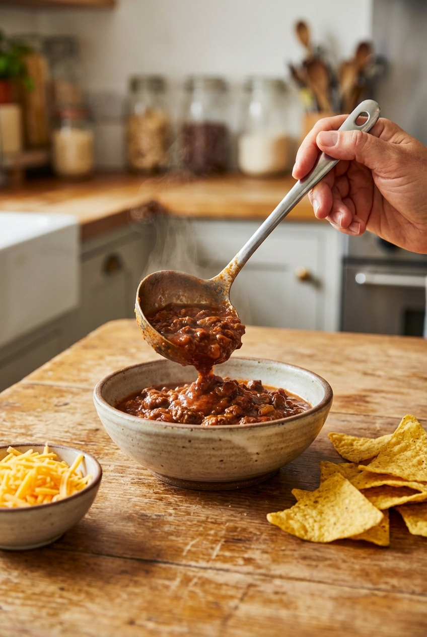 A ladle pouring thick chili into a bowl, with shredded cheese and tortilla chips nearby
