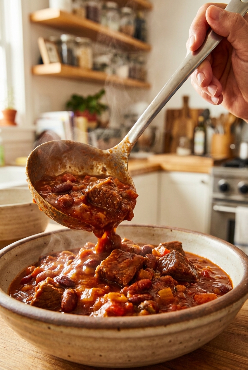 A ladle pouring thick chili into a bowl with visible chunks of meat and a rich red-brown sauce