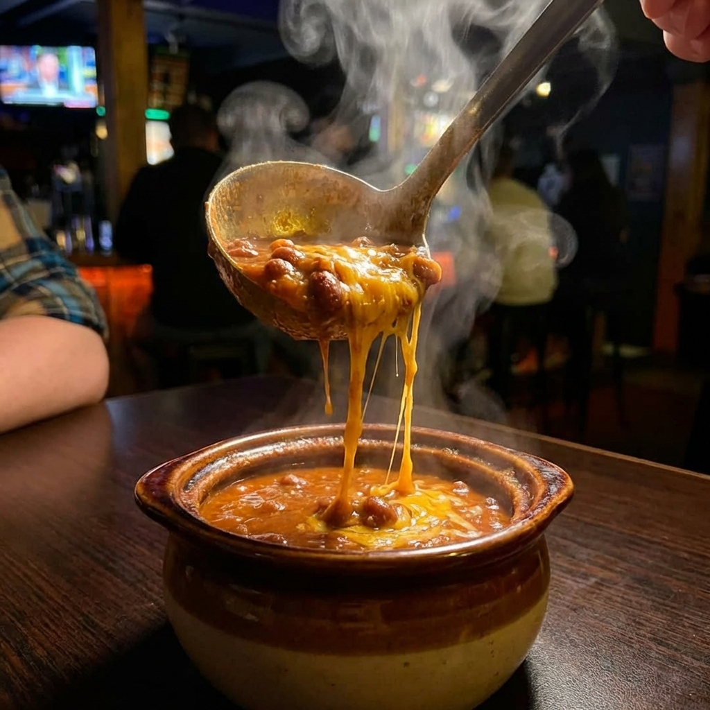 A ladle pouring thick chili with beans into a bowl, steam rising and melted cheese visible on top