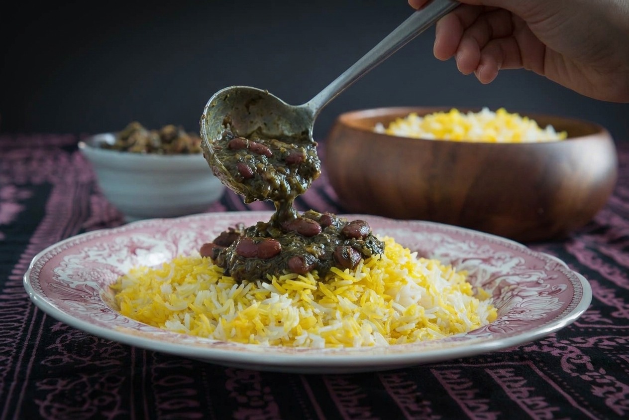 A ladle pouring thick, dark green ghormeh sabzi stew into a bowl beside a platter of fluffy basmati rice on a dining table