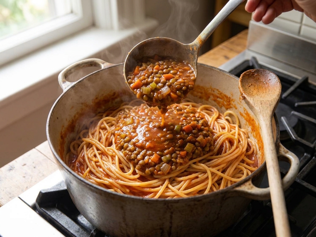 A ladle pouring thick lentil bolognese sauce over a pot of cooked spaghetti, glossy tomato sauce coating the noodles