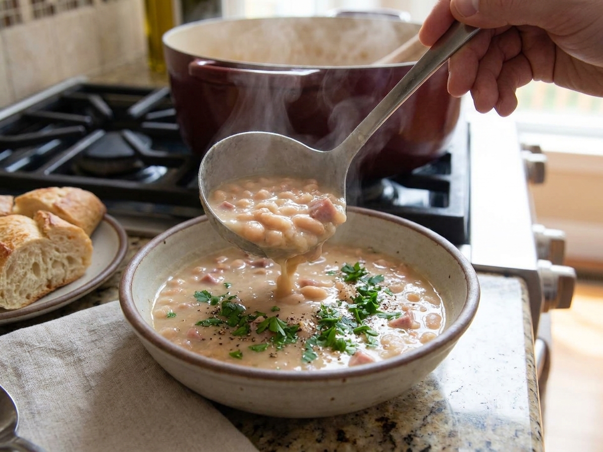 A ladle pouring thick navy bean soup into a bowl, finished with chopped parsley and cracked black pepper on a kitchen counter