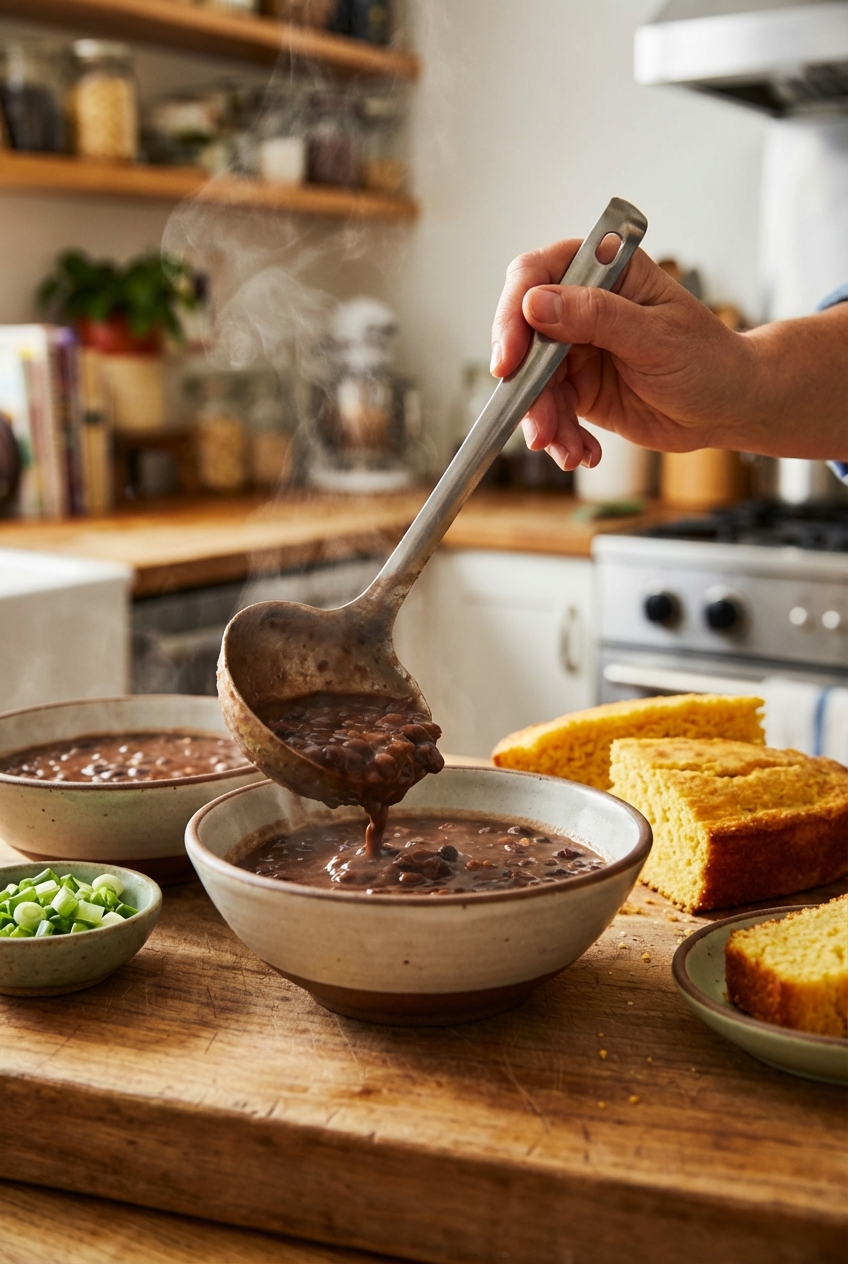A ladle pouring thick smoky bean stew into bowls, with cornbread and sliced scallions nearby