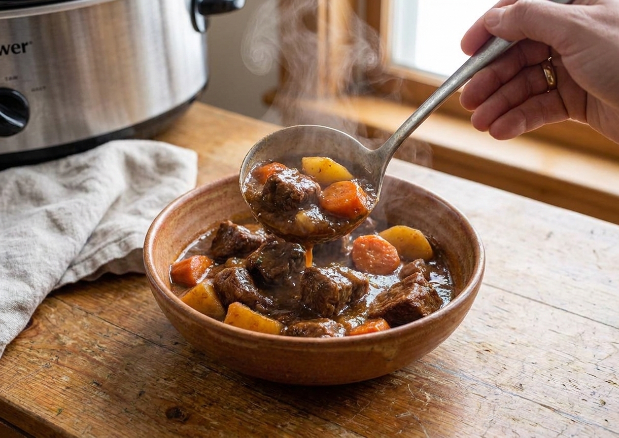 A ladle pouring thick steak stew with potatoes and carrots into a bowl on a kitchen counter