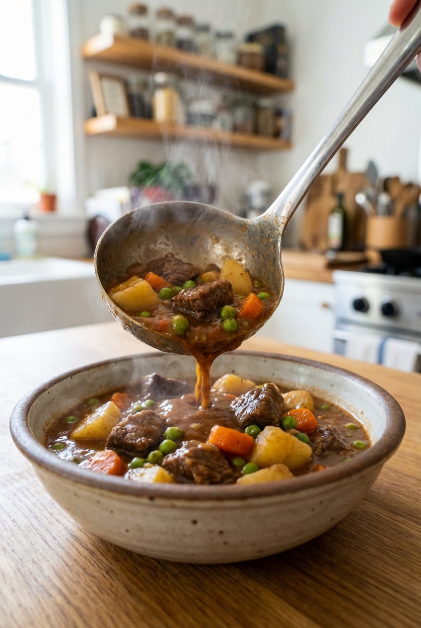 A ladle pouring thickened beef stew into a bowl