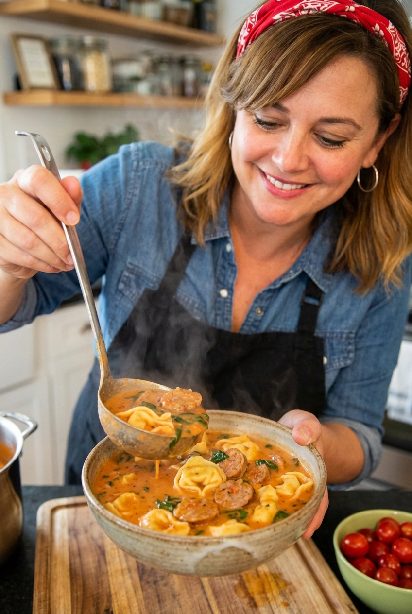 A ladle pouring tortellini soup into a bowl, showing sausage, tortellini, and creamy tomato broth
