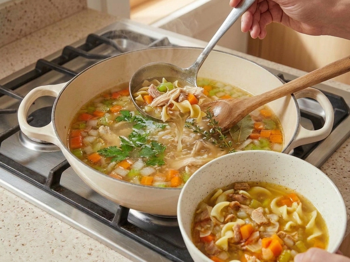 A ladle pouring turkey noodle soup into a bowl with egg noodles and shredded turkey on a kitchen counter