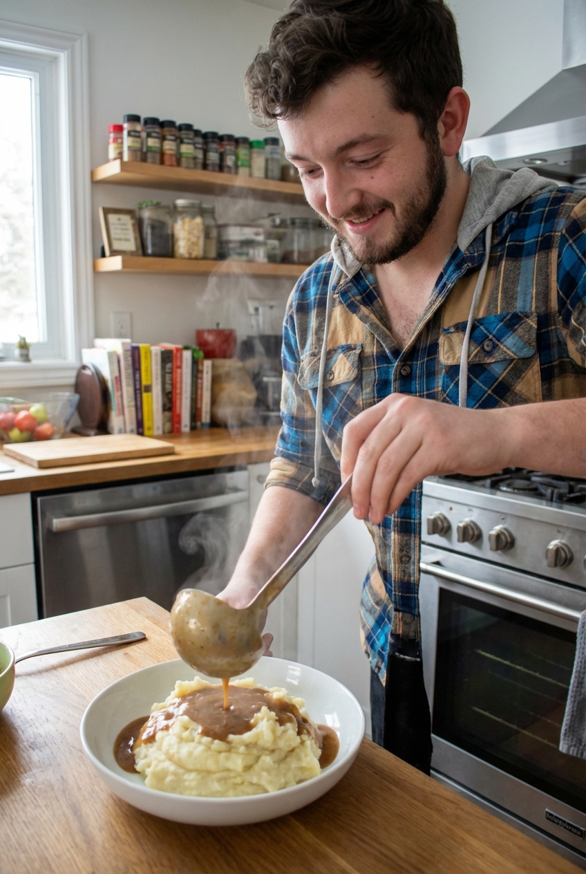 A ladle pouring warm beef gravy over mashed potatoes in a white bowl on a kitchen counter