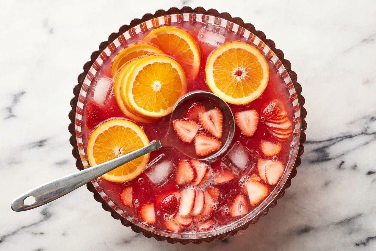 A ladle resting in a glass punch bowl filled with red punch, floating citrus slices, berries, and ice on a kitchen counter