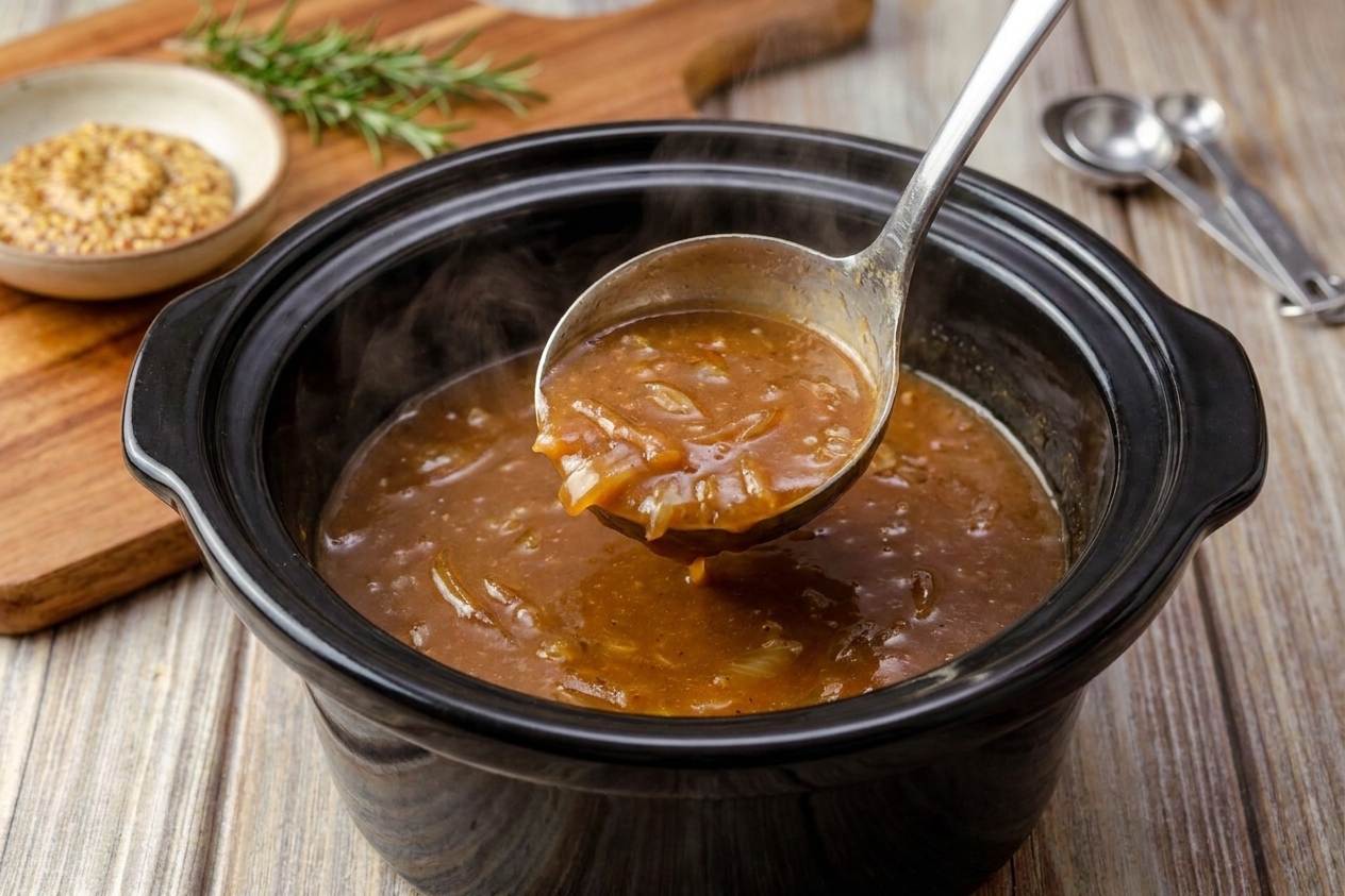 A ladle scooping thickened onion gravy from a slow cooker insert with steam rising