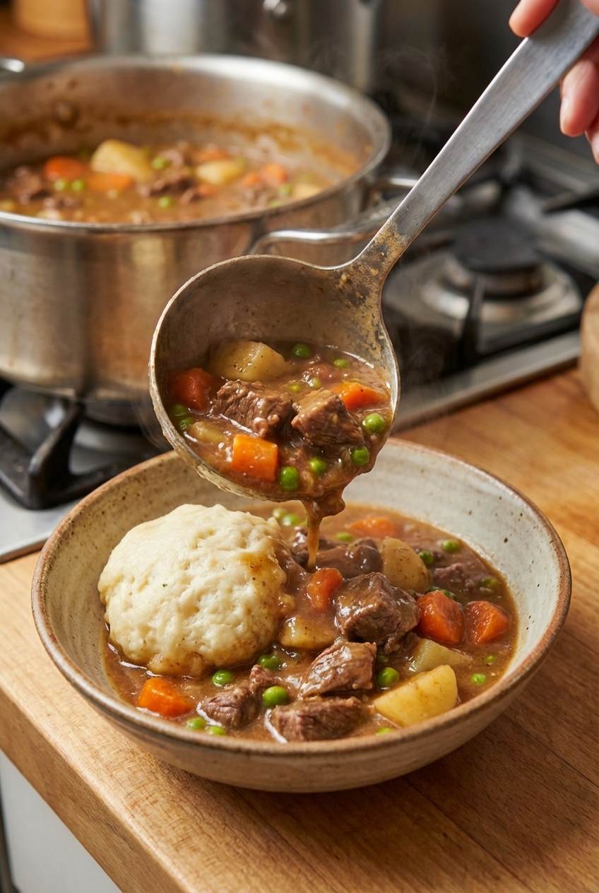 A ladle serving beef stew into a bowl with a fluffy dumpling on top