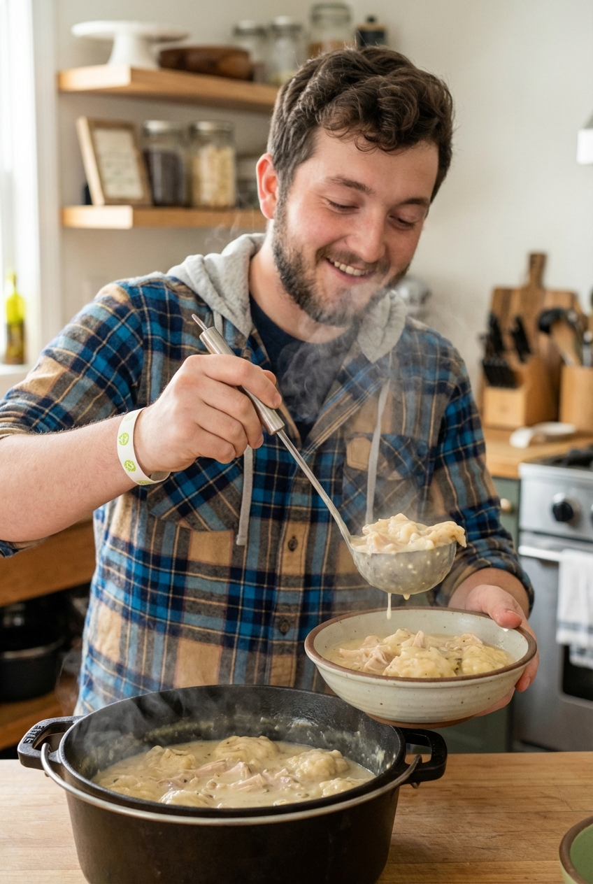 A ladle serving creamy chicken and dumplings from a Dutch oven into a bowl, with steam rising