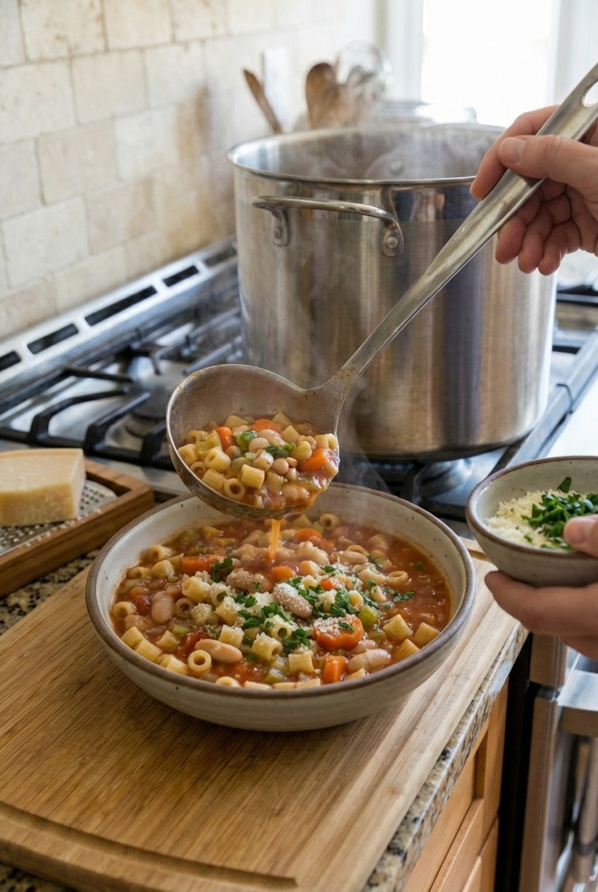 A ladle serving pasta fagioli into a bowl with Parmesan and parsley on top