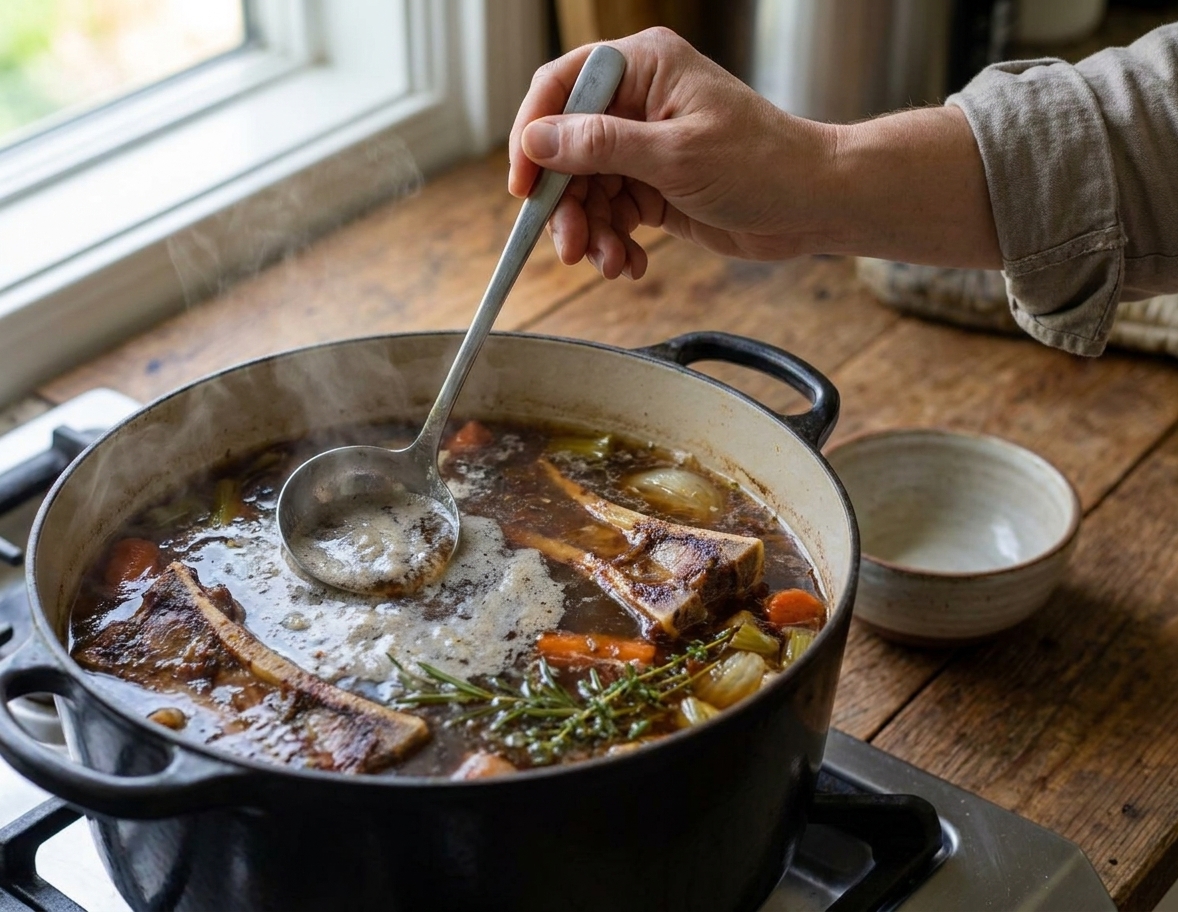A ladle skimming foam from the surface of a pot of beef stock as it gently reaches a simmer