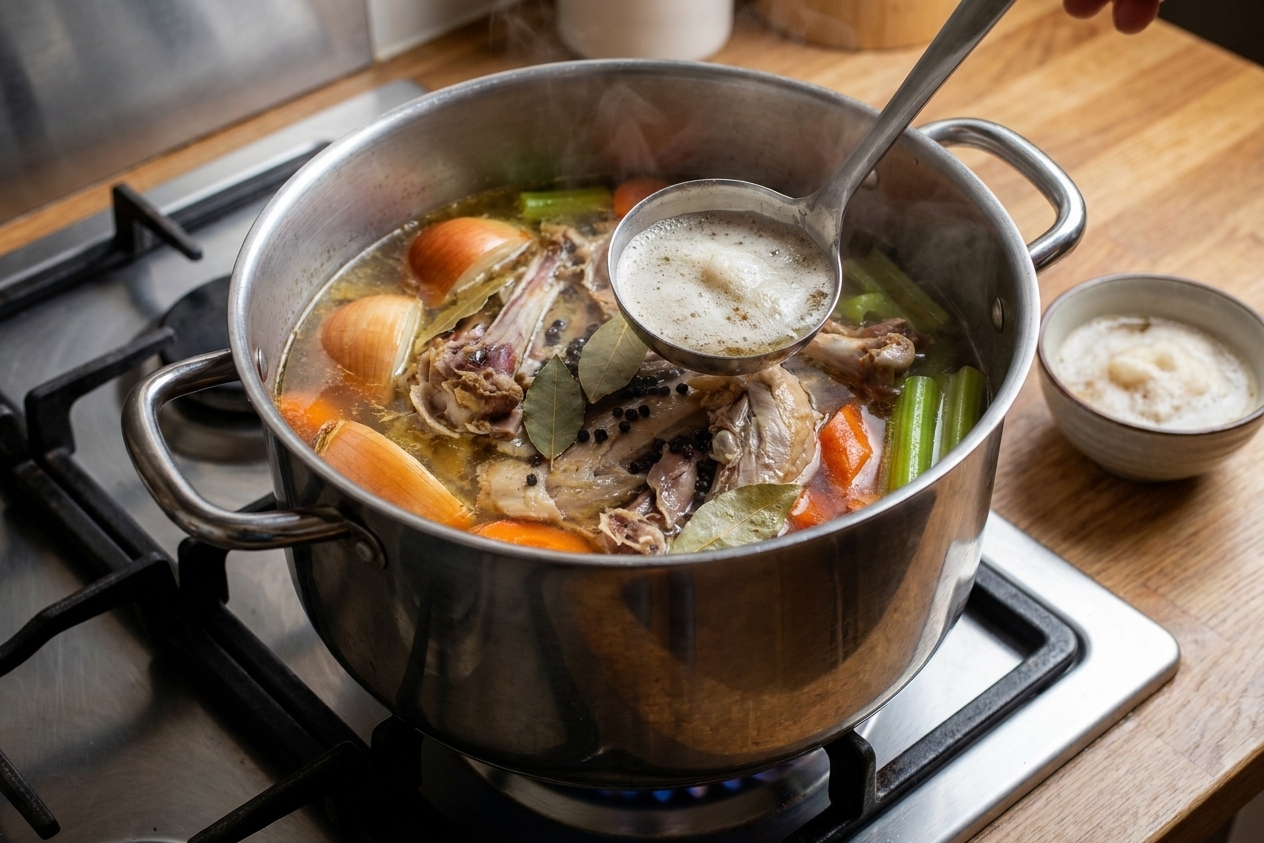 A ladle skimming foam from the surface of gently simmering turkey stock in a stockpot on a stovetop
