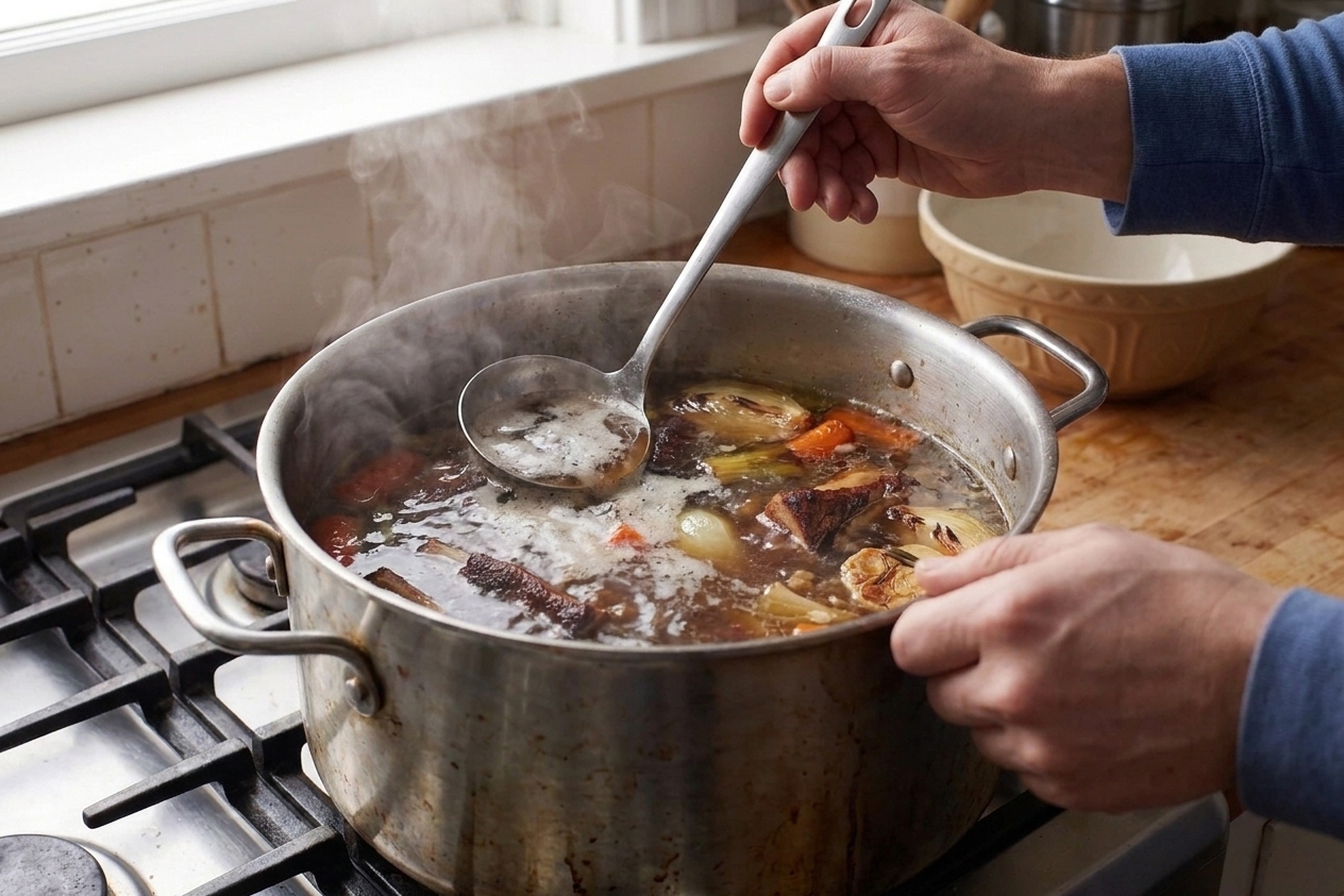 A ladle skimming light foam from the surface of gently simmering beef broth in a large stainless steel stockpot