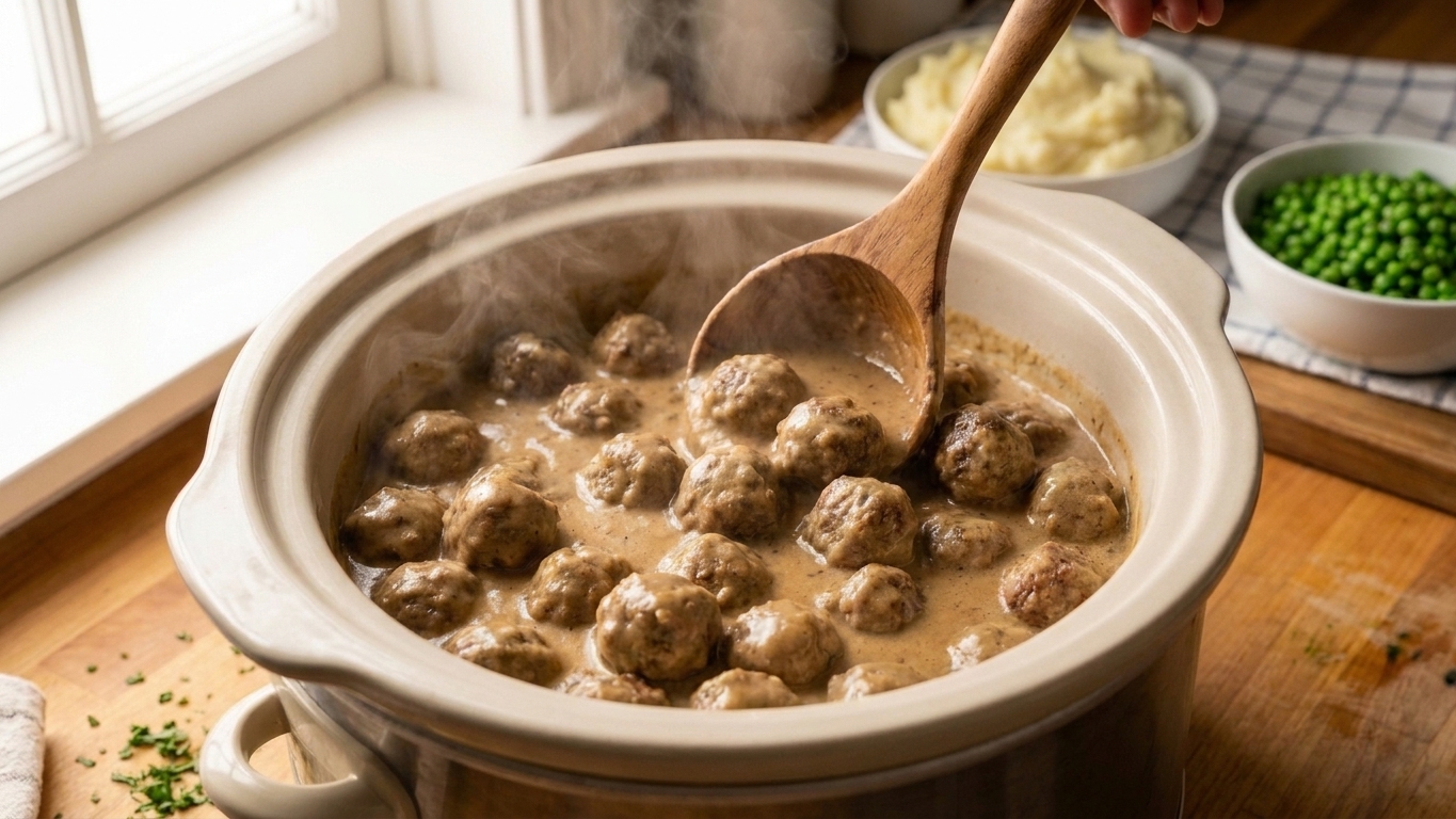 A ladle stirring creamy gravy around meatballs inside a slow cooker with steam rising