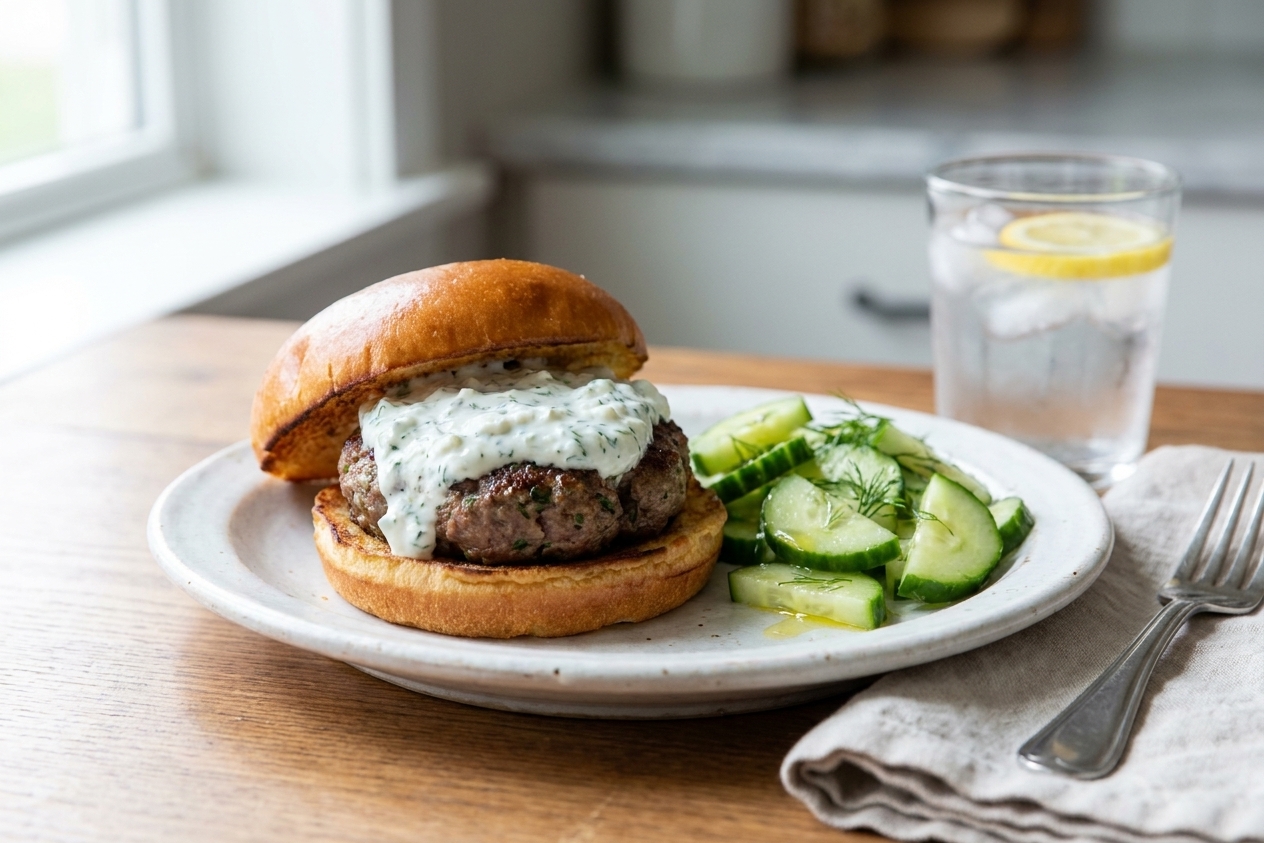 A lamb burger on a toasted bun with feta yogurt sauce served on a plate with a simple cucumber salad and a glass of water on a wooden table