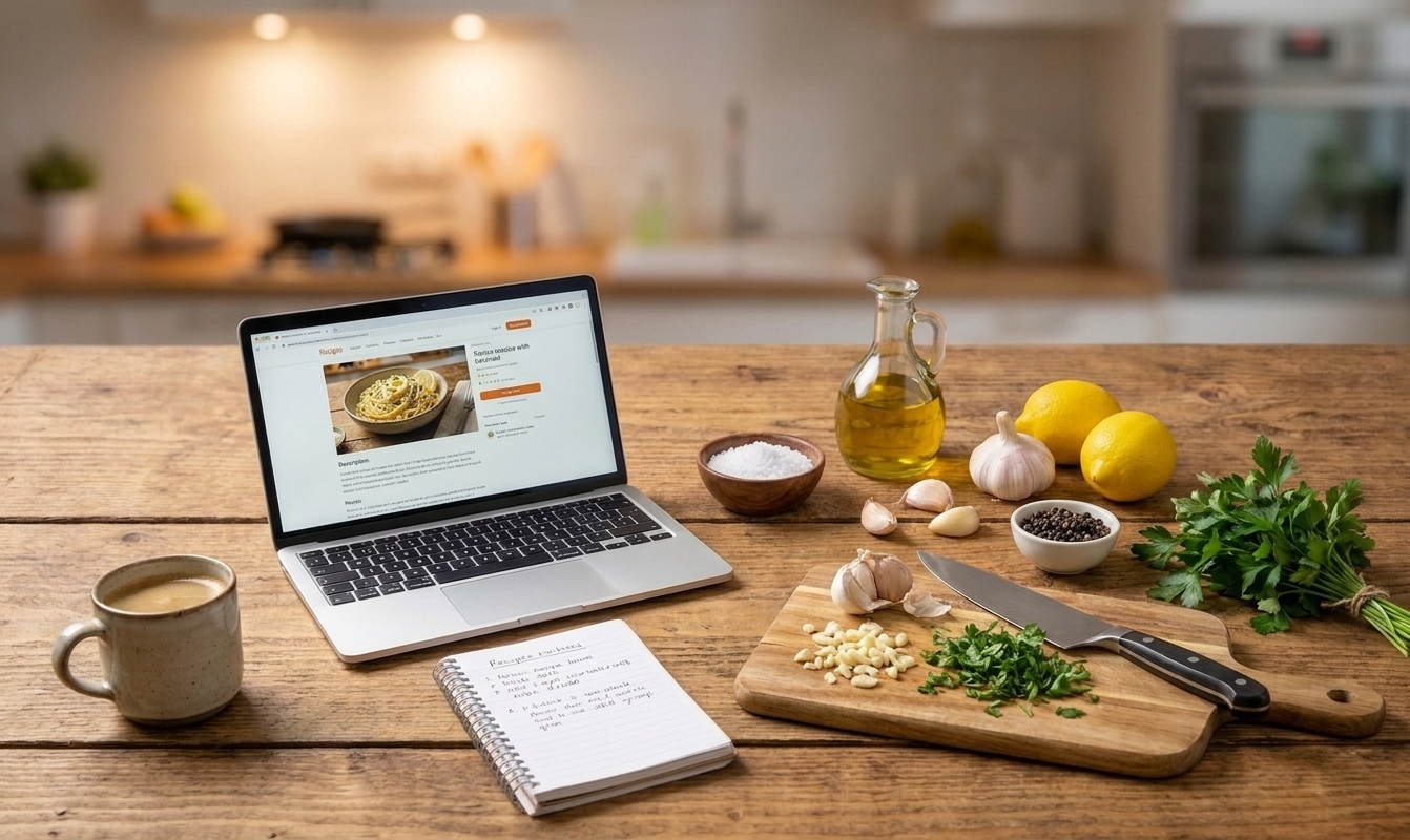 A laptop on a clean kitchen counter next to a notepad and a mug, with a cutting board and pantry ingredients nearby