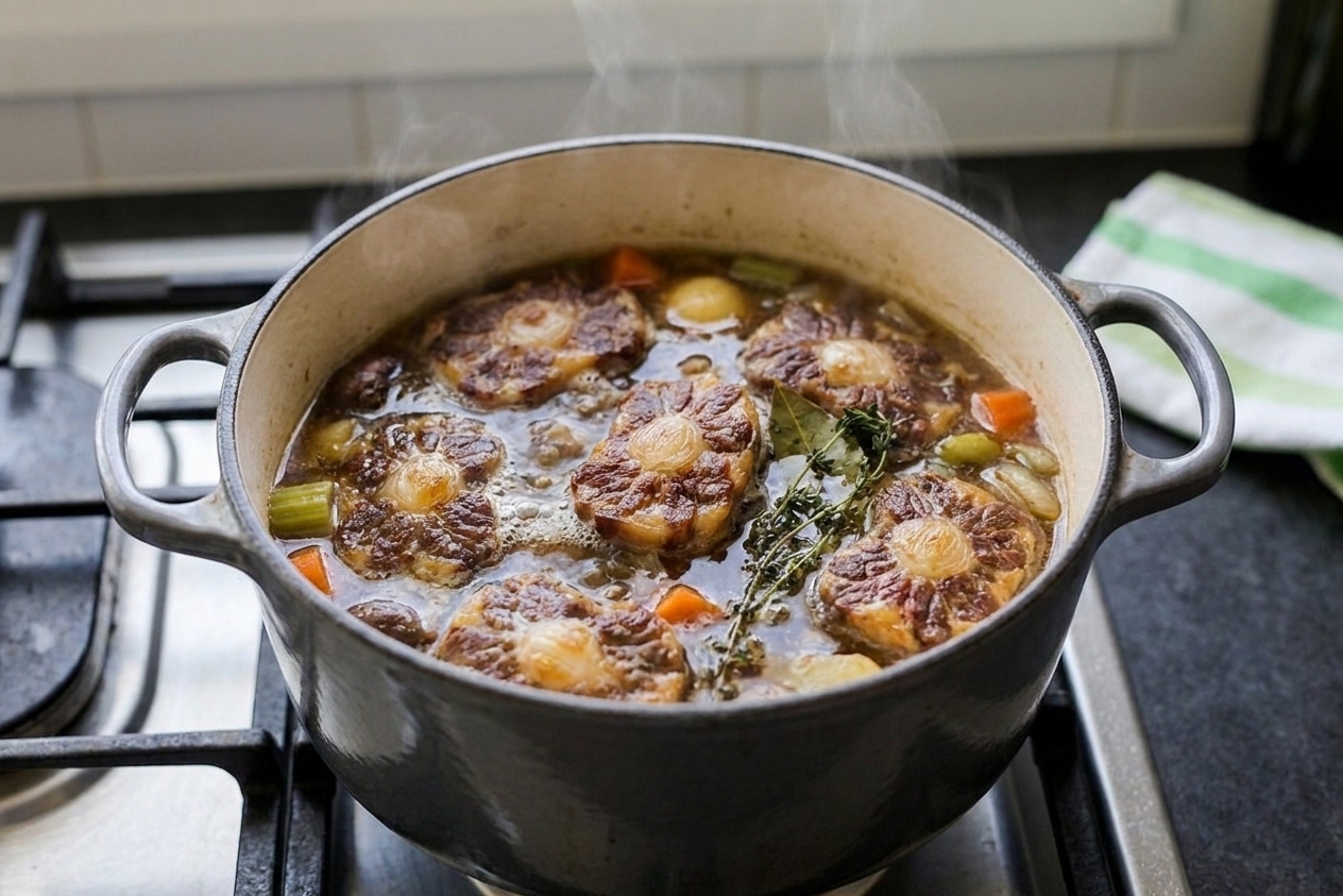 A large Dutch oven of oxtail soup gently simmering on the stovetop with vegetables visible in the broth