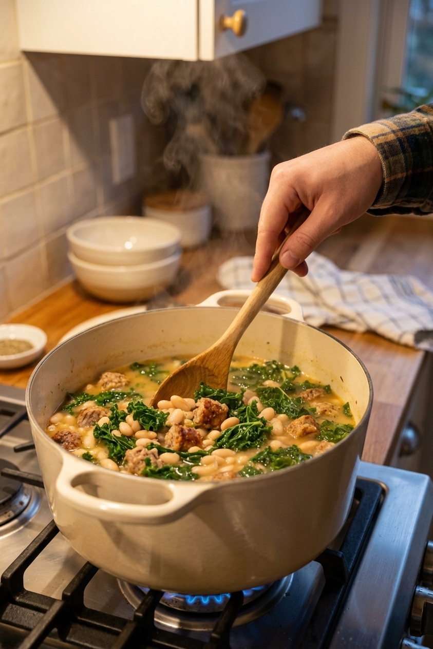 A large Dutch oven on a stovetop filled with white bean soup with browned sausage and kale, a wooden spoon stirring the pot with steam rising, cozy home kitchen lighting, photorealistic