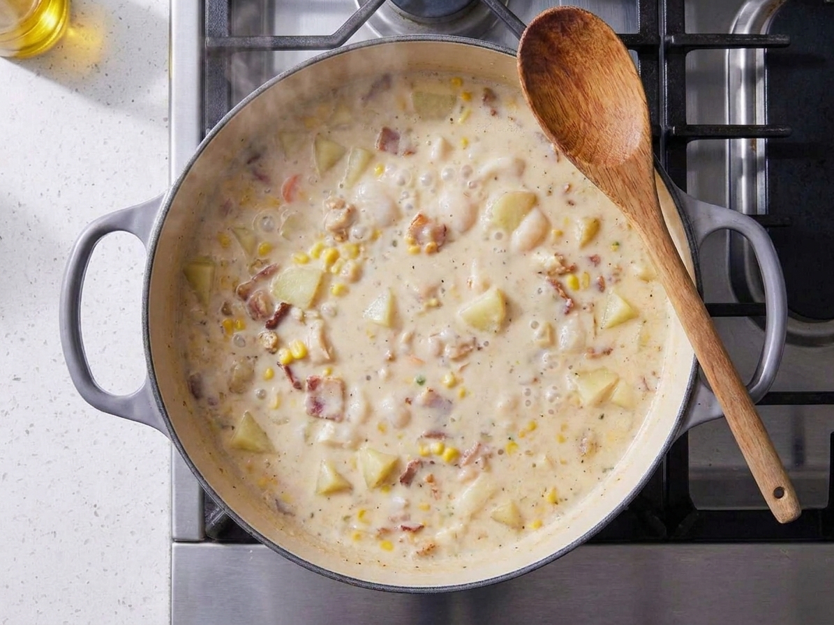 A large Dutch oven on a stovetop with chowder simmering gently, a wooden spoon resting on the rim