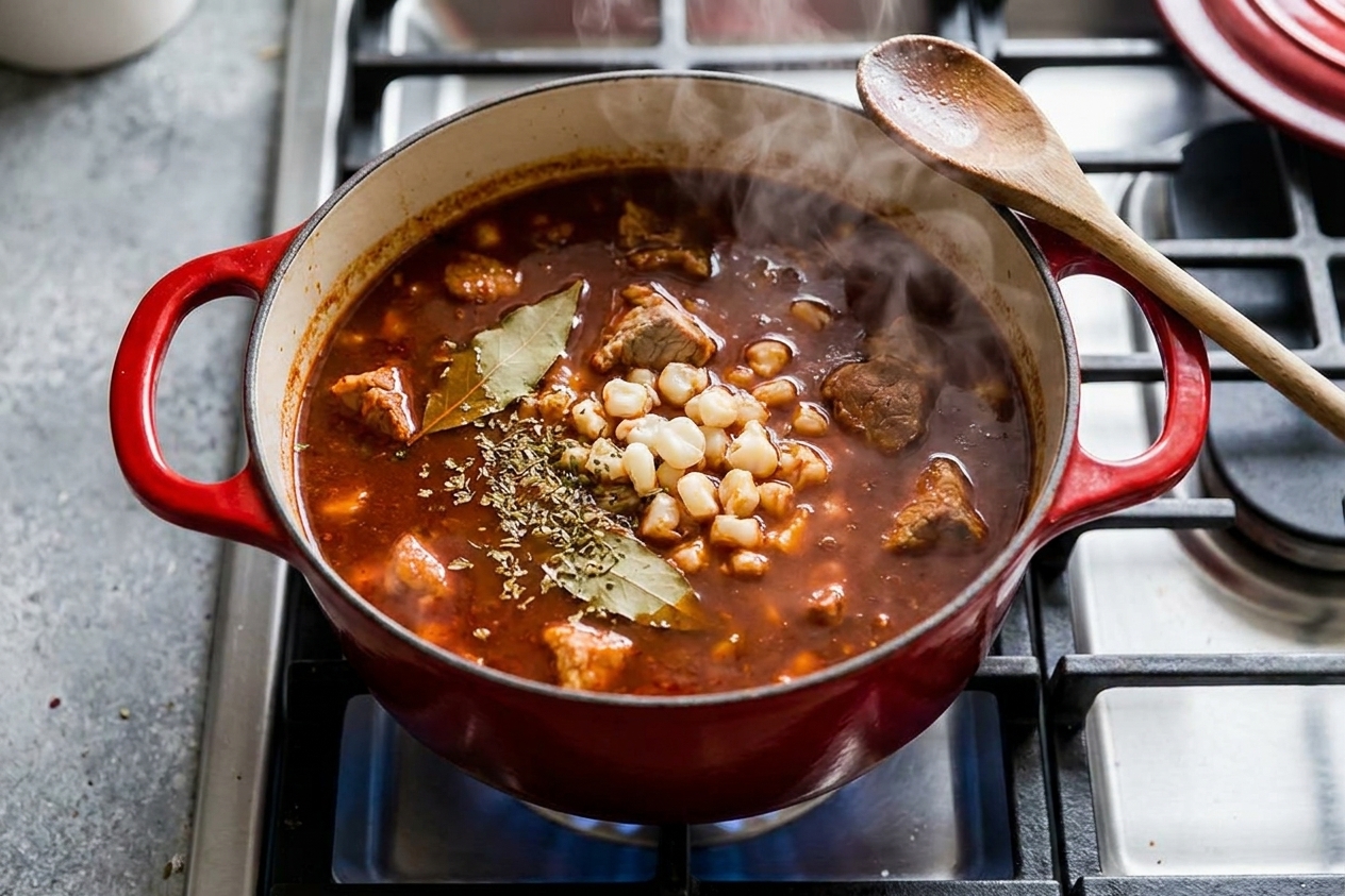 A large Dutch oven on a stovetop with pozole rojo simmering, showing hominy and pork pieces in a red broth with steam rising