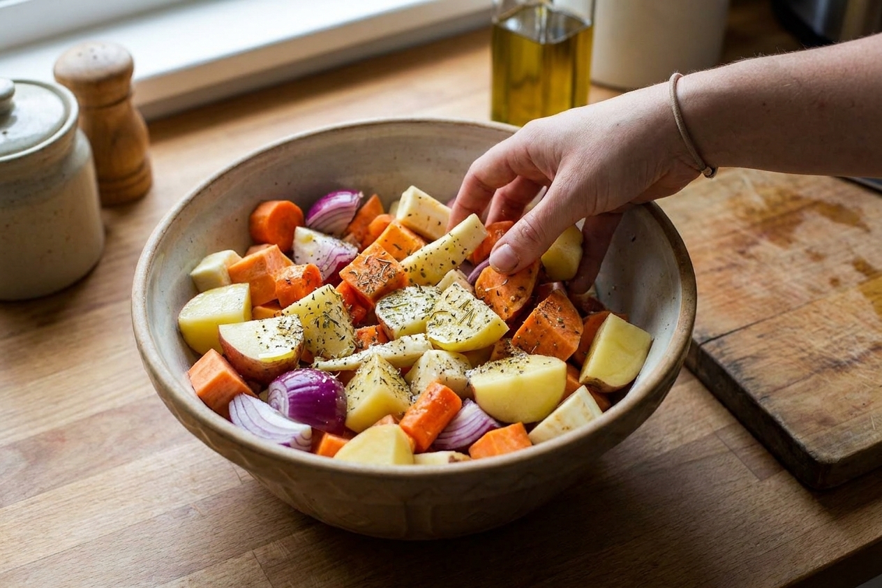 A large bowl filled with chopped potatoes, sweet potatoes, carrots, parsnips, and red onion tossed with olive oil and spices on a kitchen counter