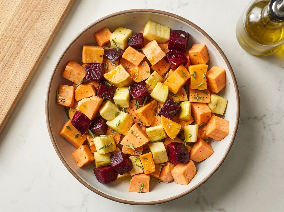 A large bowl filled with chopped root vegetables tossed with olive oil, salt, pepper, and herbs on a light kitchen counter