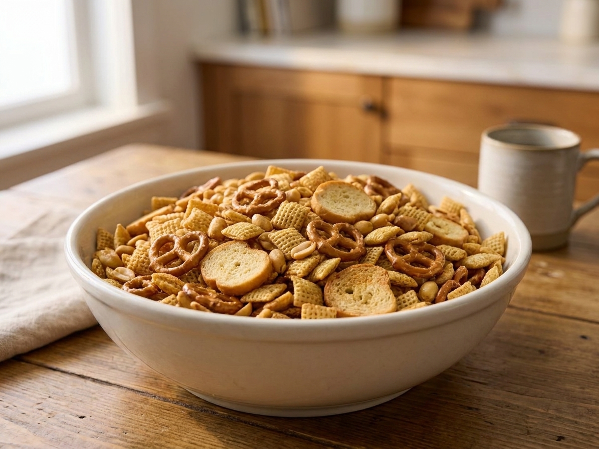 A large bowl filled with classic homemade Chex Mix, showing toasted Chex squares, pretzels, bagel chips, and peanuts on a cozy kitchen table