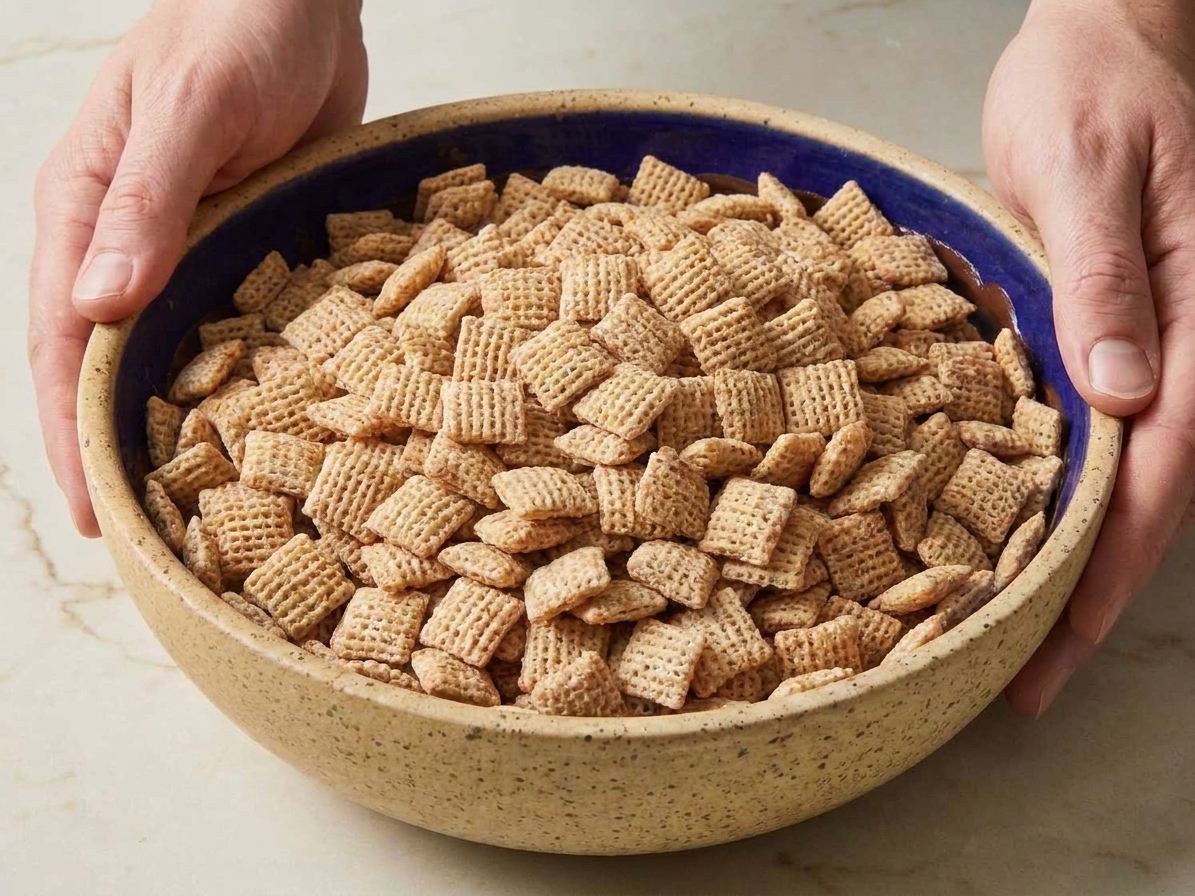 A large bowl filled with crisp Rice Chex cereal on a kitchen counter, ready to be coated for puppy chow
