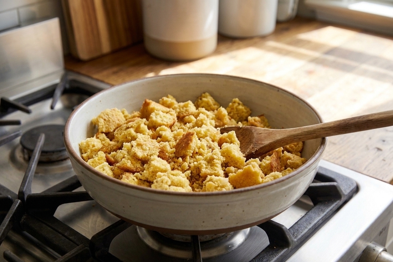 A large bowl filled with crumbled unsweetened cornbread, ready to be turned into dressing, on a kitchen counter