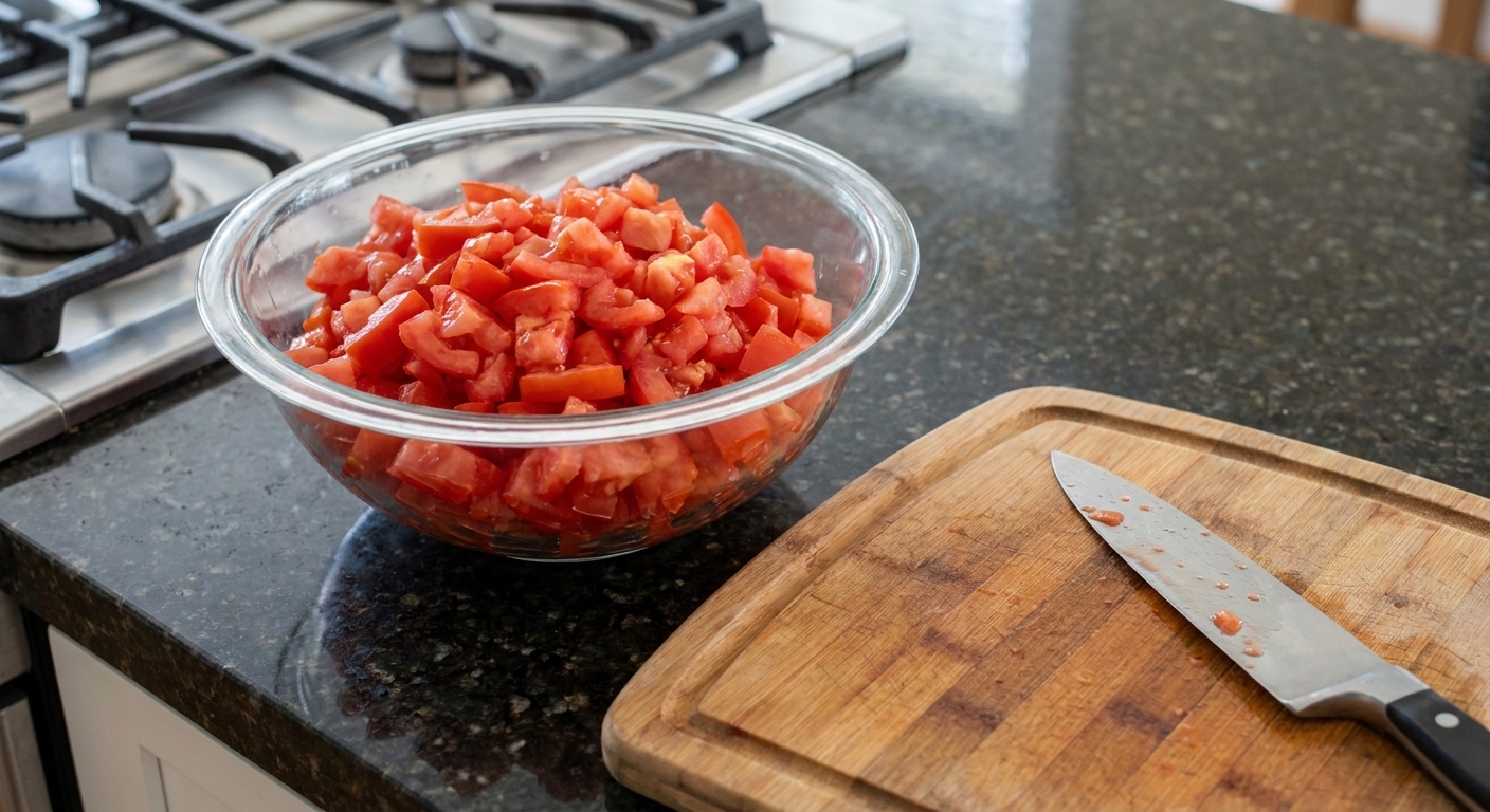 A large bowl filled with freshly diced ripe tomatoes on a kitchen counter, with a chef's knife and cutting board nearby