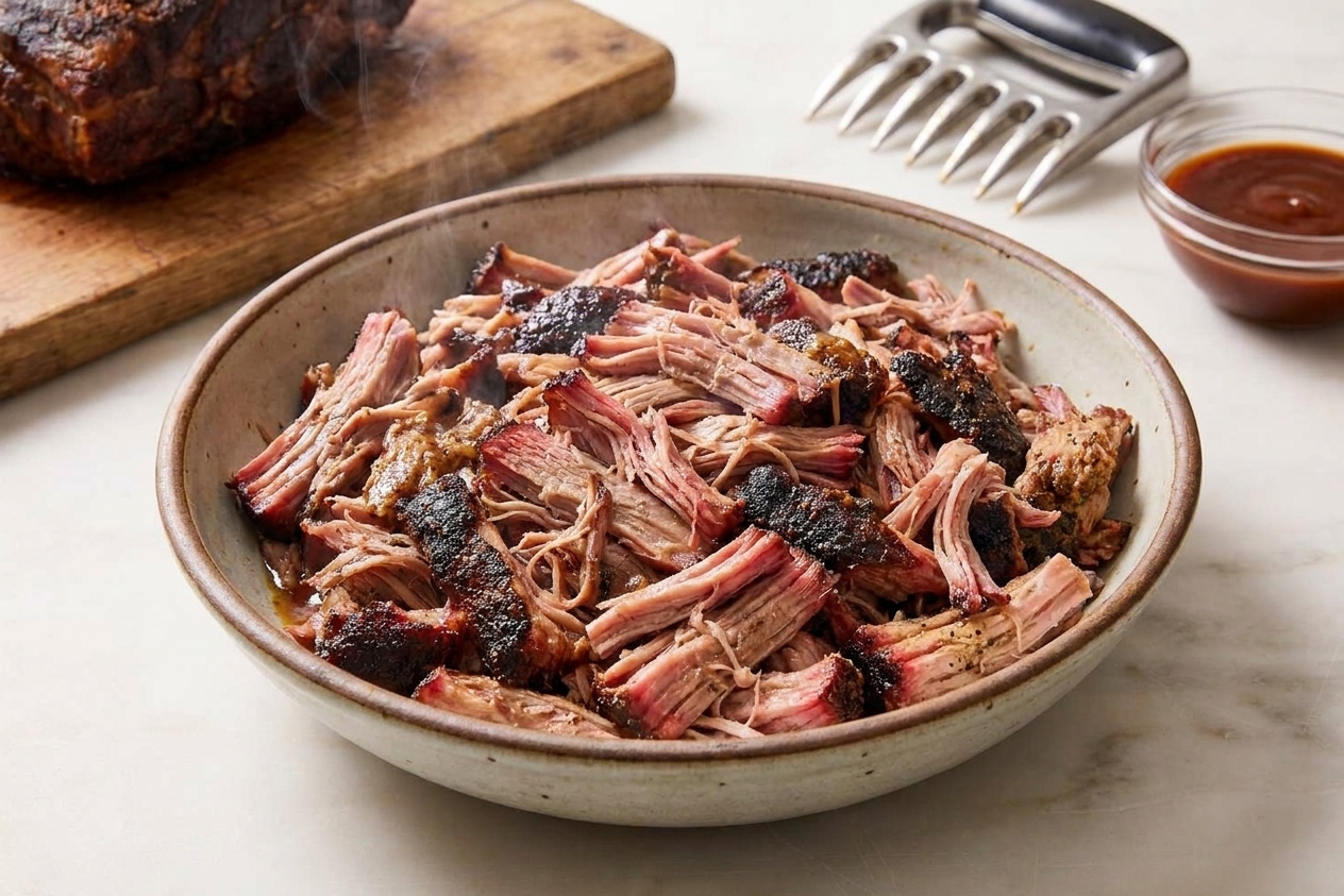 A large bowl filled with freshly pulled smoked pork with bark pieces mixed throughout