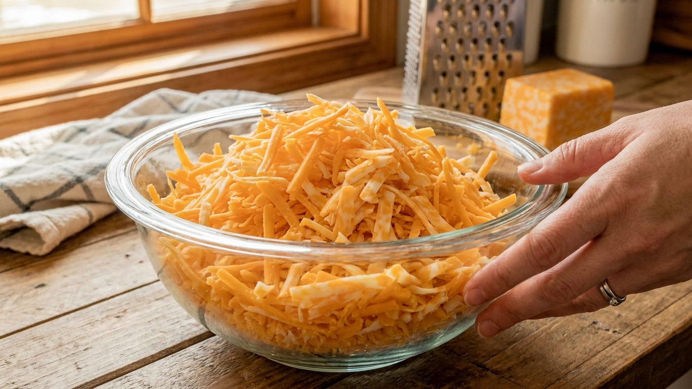 A large bowl filled with freshly shredded cheddar and Colby Jack cheese on a kitchen counter