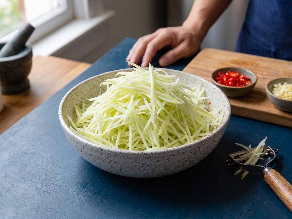 A large bowl filled with freshly shredded green papaya strands on a kitchen counter next to a julienne peeler