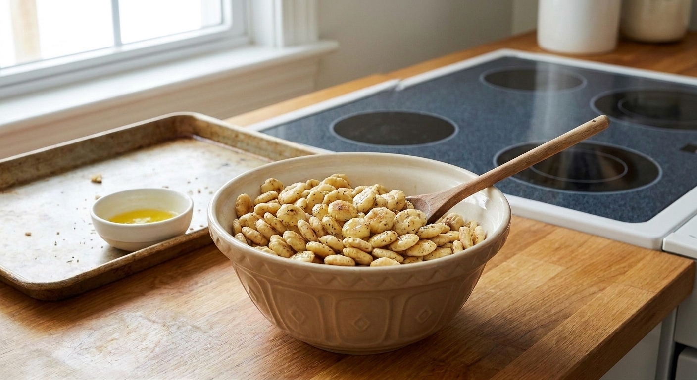 A large bowl filled with golden, buttery seasoned oyster crackers on a wooden table with a cozy kitchen background