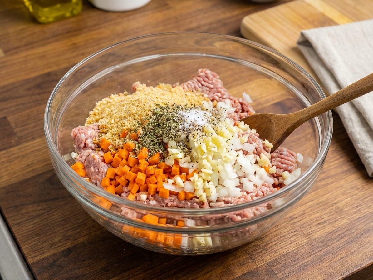 A large bowl filled with ground pork, diced carrots, onions, garlic, breadcrumbs, and seasonings before mixing on a kitchen counter