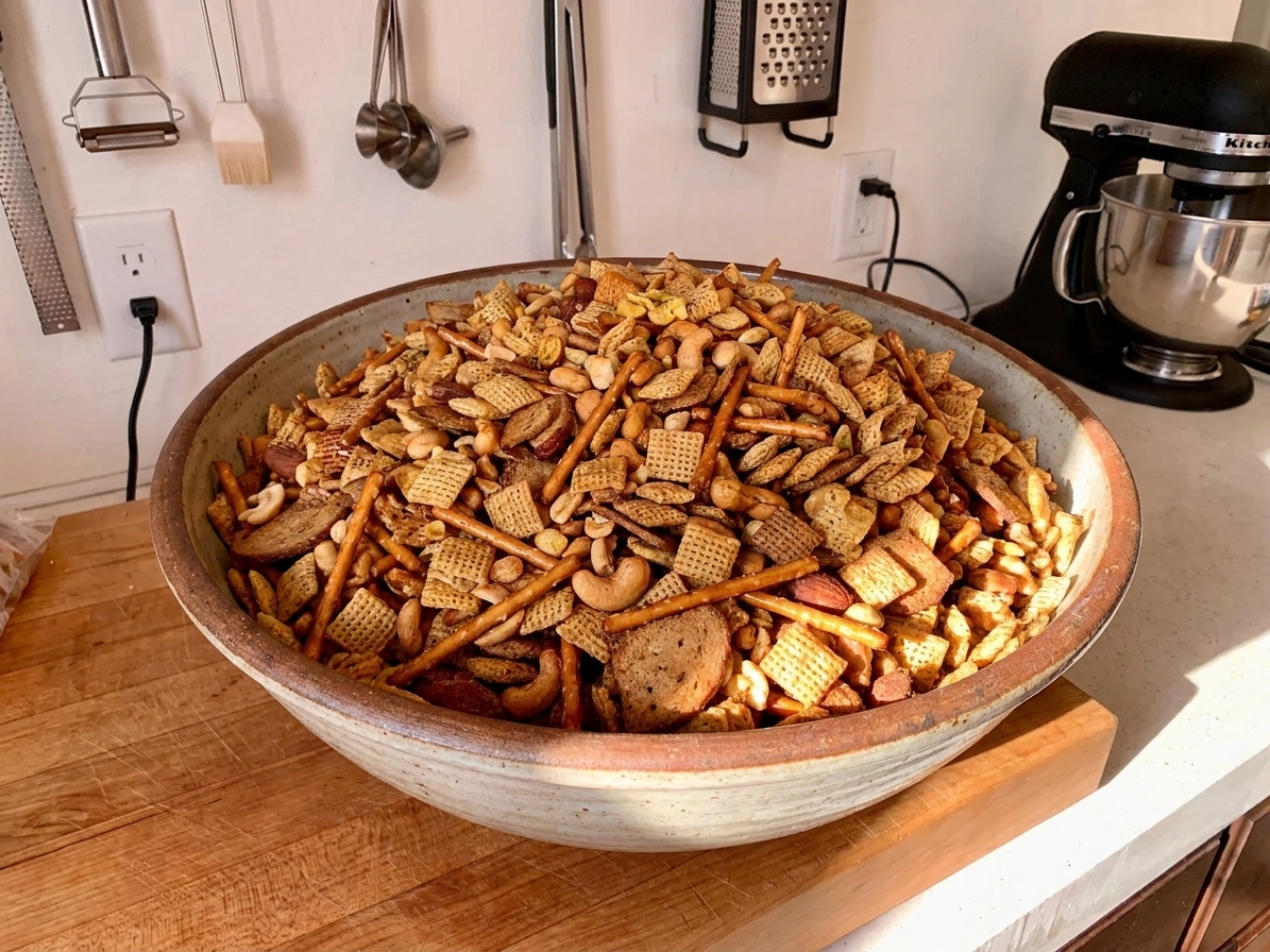 A large bowl filled with homemade Chex party mix with crisp cereal squares, pretzels, mixed nuts, and rye chips on a warm kitchen counter under soft natural light