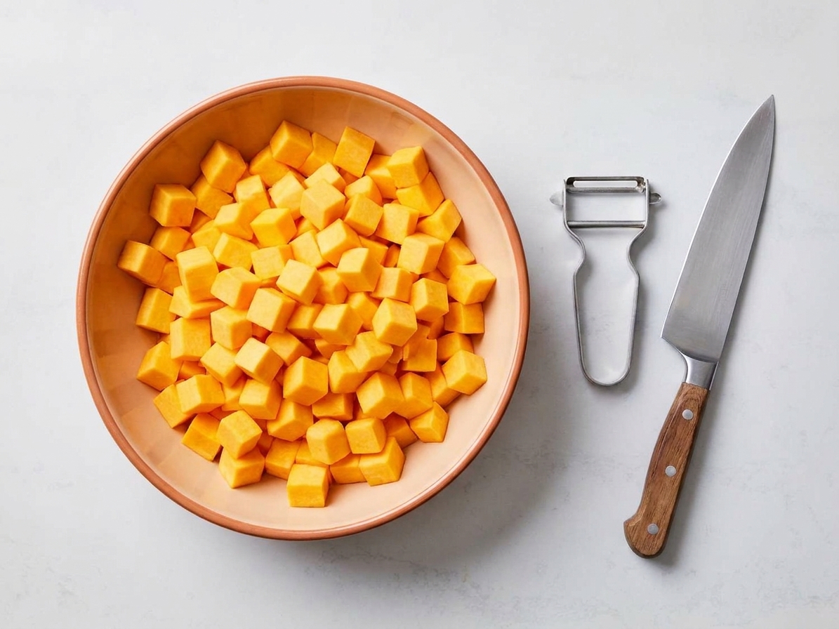 A large bowl filled with peeled butternut squash cubes on a kitchen counter, with a peeler and knife resting nearby